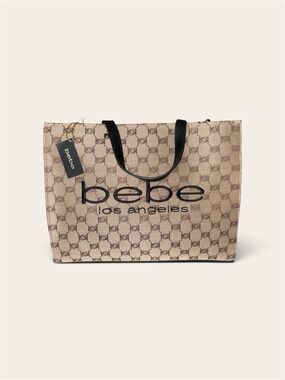 bebe Beige Monogram Tote with Black Handles